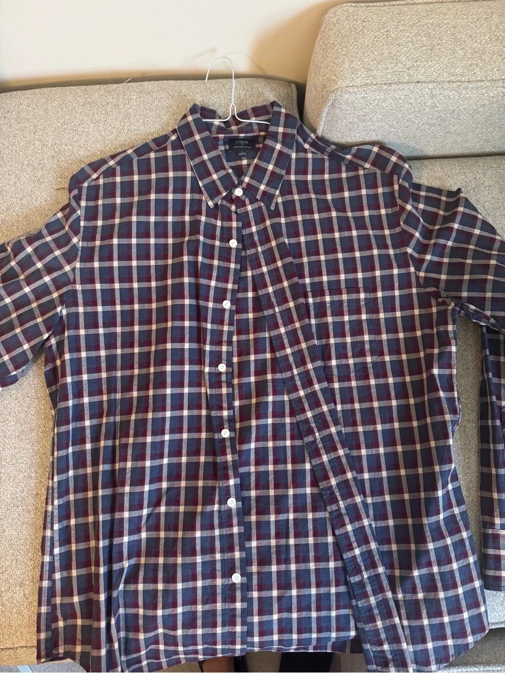 J. Crew Men's Navy, Burgundy, and White Plaid Button-Down Shirt